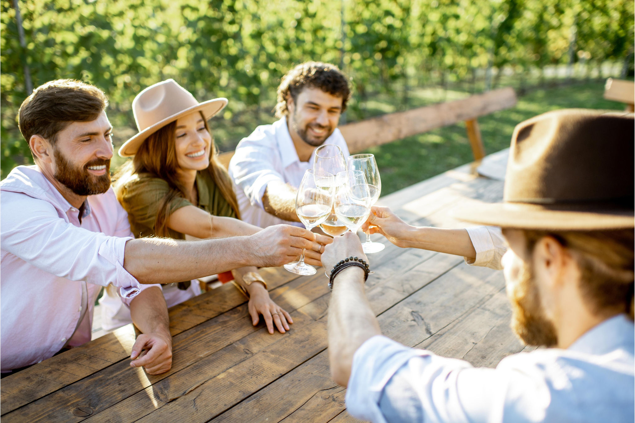 Friends sitting outdoors, clinking glasses and toasting with wine
