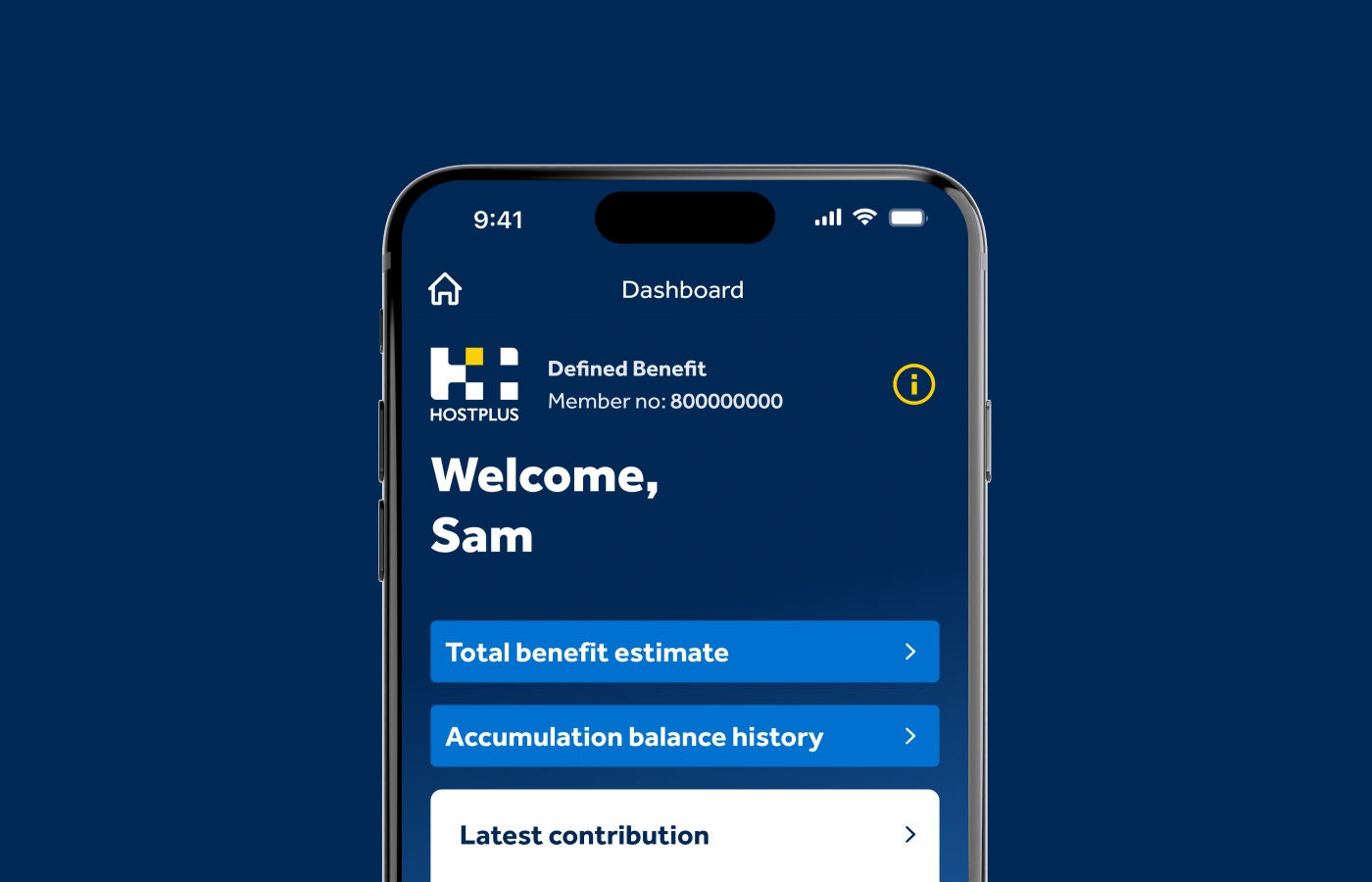 Image of the Hostplus App, welcome screen as a Defined Benefit member.