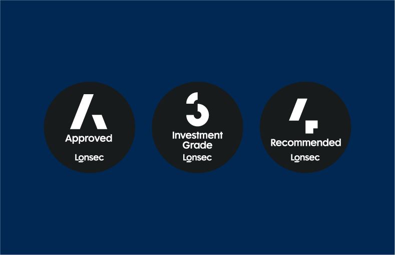 Award logos for Approved by Lonsec; Investment Grade Lonsec and Recommended by Lonsec.