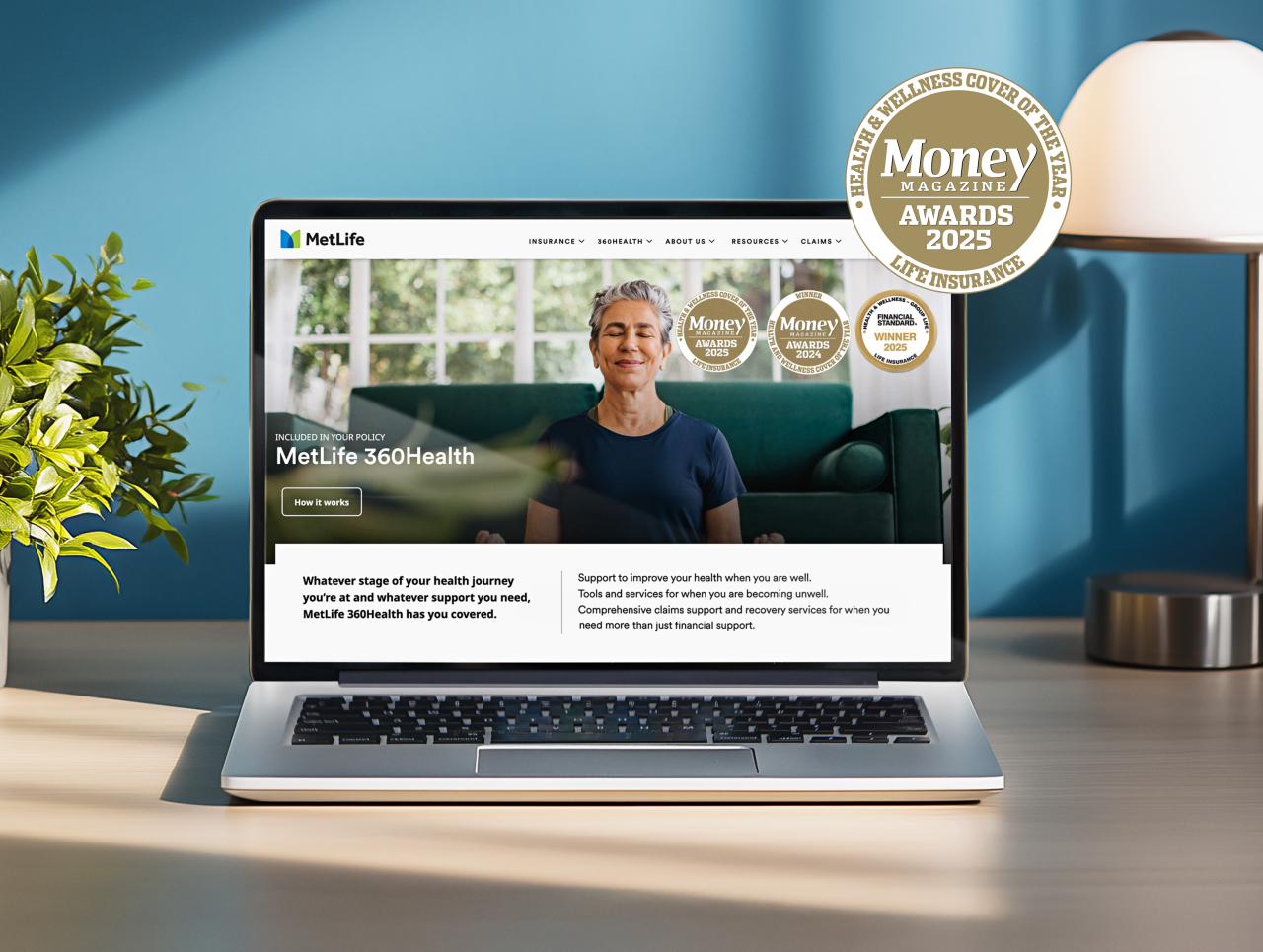 laptop computer with awards logo for MetLife 360Health